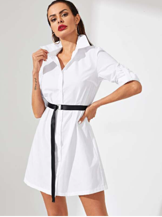 Rolled Tab Sleeve D-Ring Belt Shirt Dress