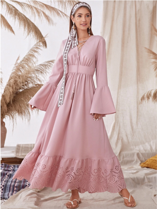Tassel Lace-up Neck Scallop Edge Laser Cut Dress