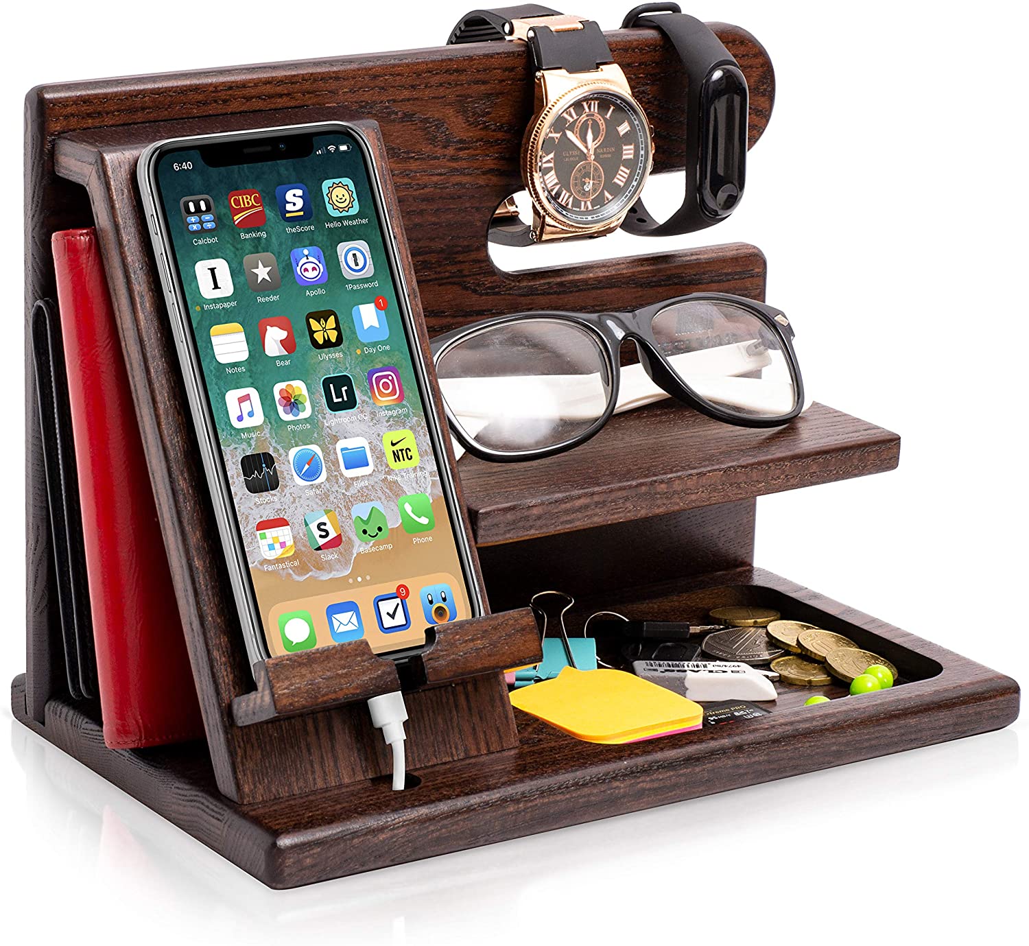Wood Phone Docking Station Ash Key Holder Wallet Stand Watch Organizer Men Gift Husband Wife Anniversary Dad Birthday Nightstand Purse Father Graduation Male Travel Idea Gadgets Solid