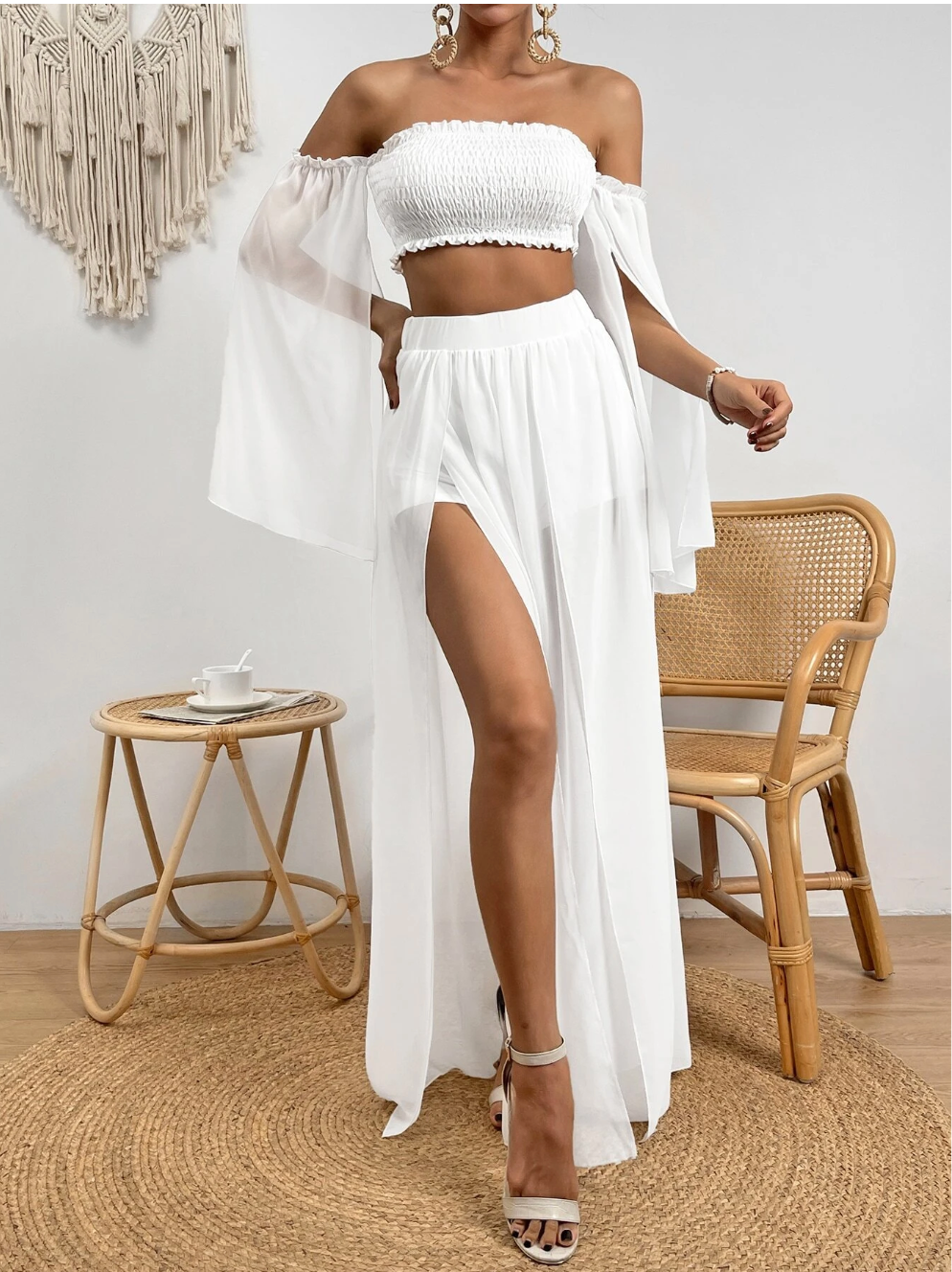 Contrast Mesh Off Shoulder Crop Top & Split Thigh Skirt