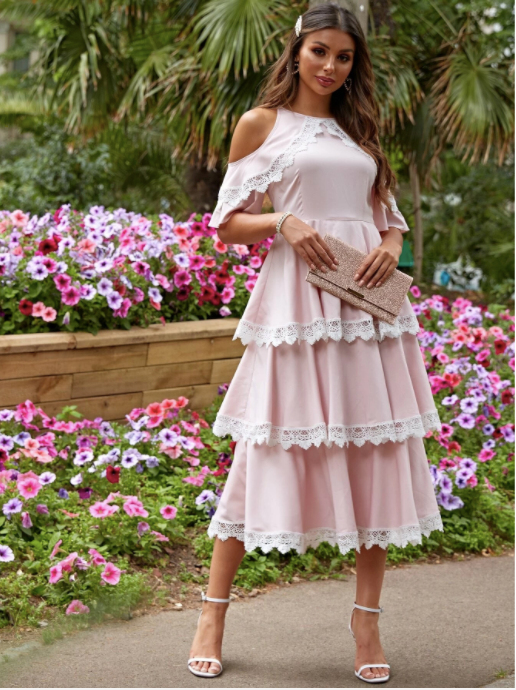 Cold Shoulder Lace Trim Layered Ruffle Hem Dress