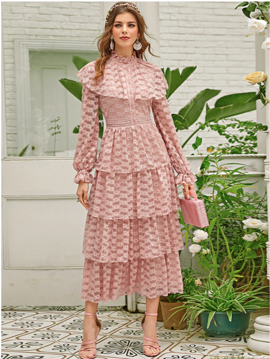 Flounce Sleeve Layered Ruffle Hem Lace Overlay Dress