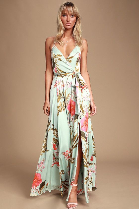 Green Floral Print Satin Maxi Dress