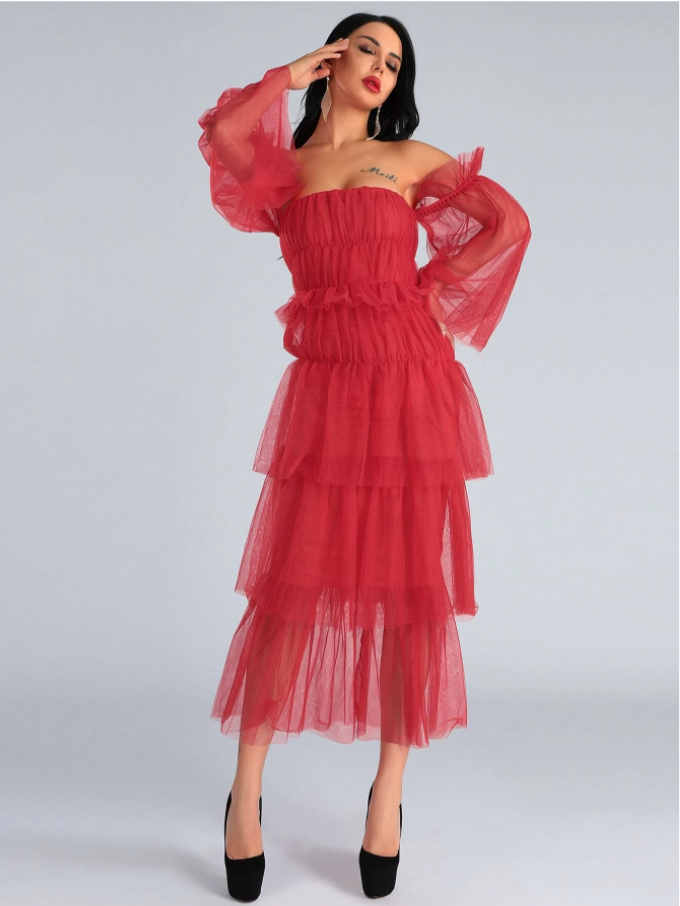 Lucra Ruched Bust Bell Sleeve Layered Mesh Dress