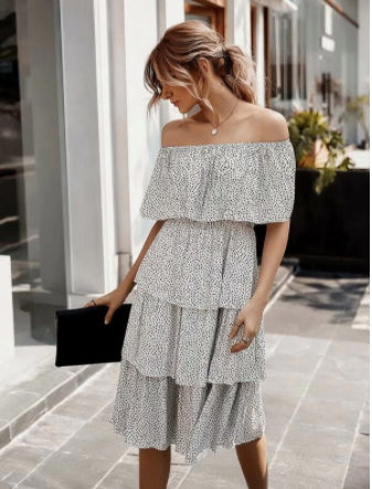 Dalmatian Print Layered Ruffle Bardot Dress