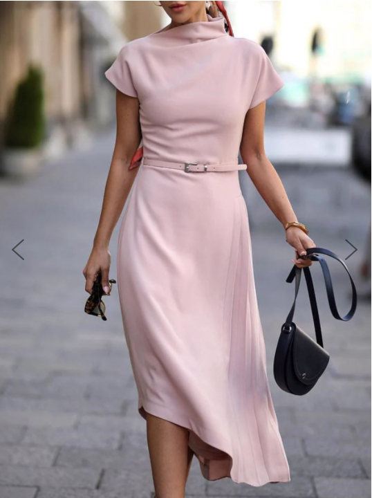 Stand Collar Pink Work Sheath Daily Elegant Solid Midi Dress