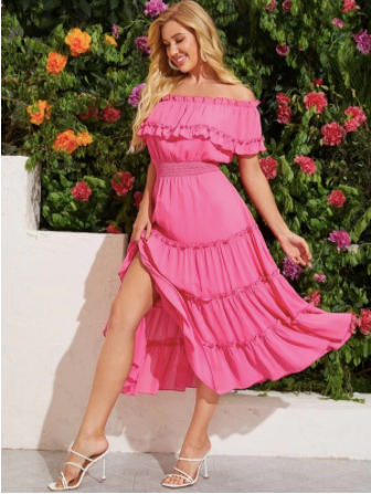 Off Shoulder Shirred Waist Layered Hem Dress
