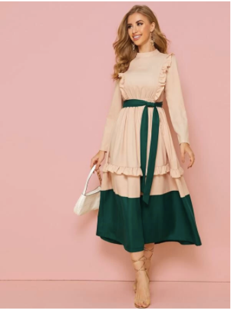 Two Tone Ruffle Trim Self Belted Dress