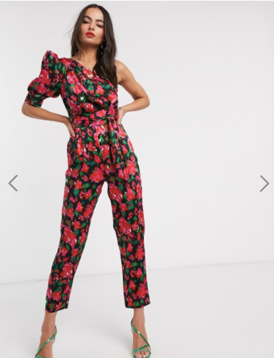One Shoulder Puff Sleeve Jumpsuit in Smudged Floral Print