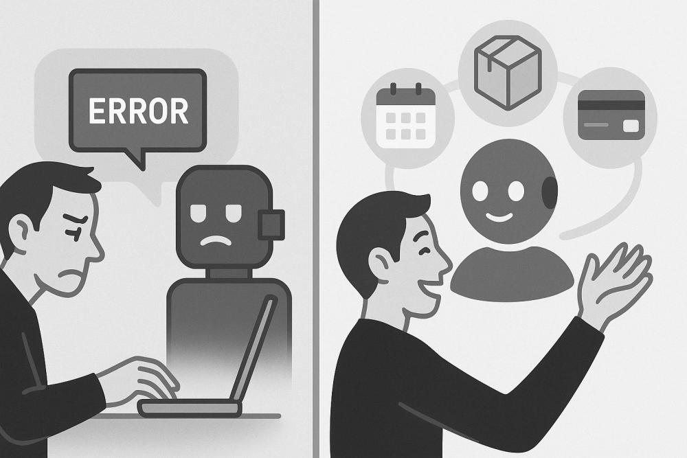 A simple two-panel graphic. Panel 1: A user with a frustrated expression typing to a rigid, blocky robot icon that says “ERROR.” Panel 2: A happy user talking to a sleek, modern AI icon that is juggling icons for a calendar, a shipping box, and a credit card. Alt Text Suggestion: “Comparison graphic showing a frustrating traditional chatbot versus a helpful, modern AI service agent