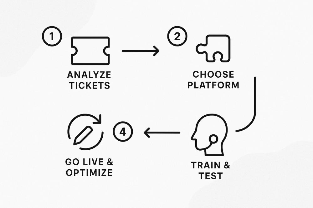 A flowchart illustrating the 4-step implementation process: 1. Analyze Tickets -> 2. Choose Platform -> 3. Train & Test -> 4. Go Live & Optimize. Alt Text Suggestion: “A 4-step flowchart for implementing an AI customer service agent.