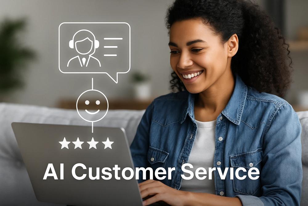 A professional banner image showing a customer happily interacting with a support agent on a laptop, with an abstract AI interface overlaid, signifying instant, intelligent help. Alt Text Suggestion: “A customer receiving 5-star support from an AI customer service agent in 2025