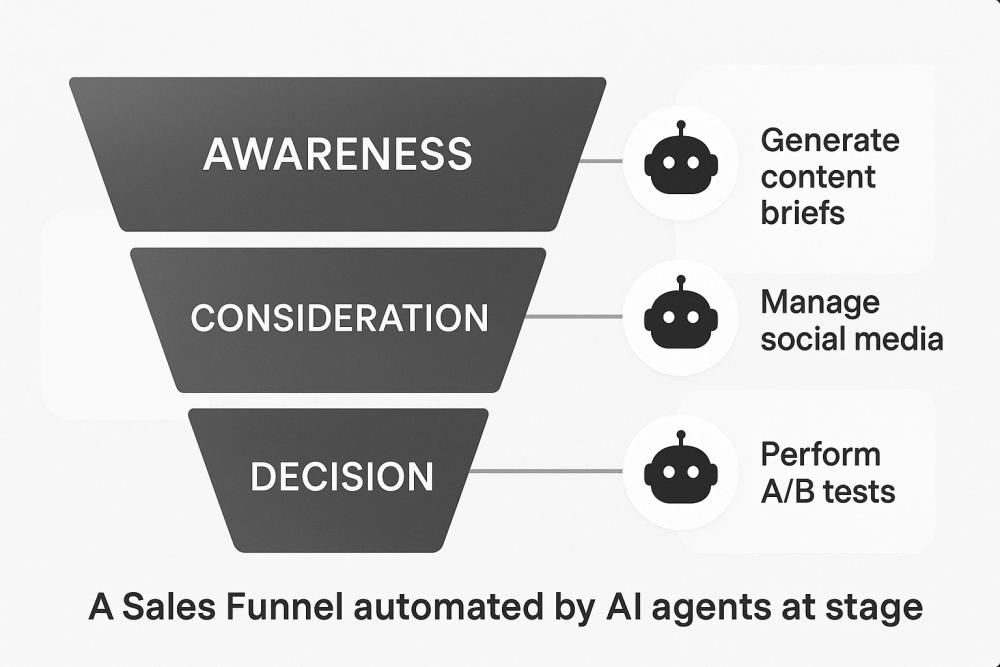 A detailed sales funnel infographic (Awareness, Consideration, Decision), with specific AI agent tasks listed at each stage. Alt Text Suggestion: “Infographic of a sales funnel automated by AI agents at each stage.