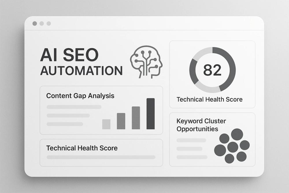  A mock-up of an AI-powered SEO dashboard that shows “Content Gap Analysis,” “Technical Health Score,” and “Keyword Cluster Opportunities.” Alt Text Suggestion: “Dashboard of an AI SEO tool showing opportunities for marketers.