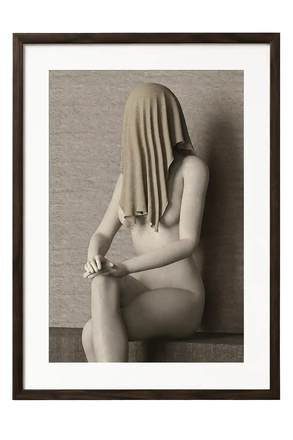 A 3D digital art piece showing a framed, minimalist sculpture of a bare, seated woman. Her head and face are completely hidden under a draped beige cloth, and her hands are softly folded over her crossed knees