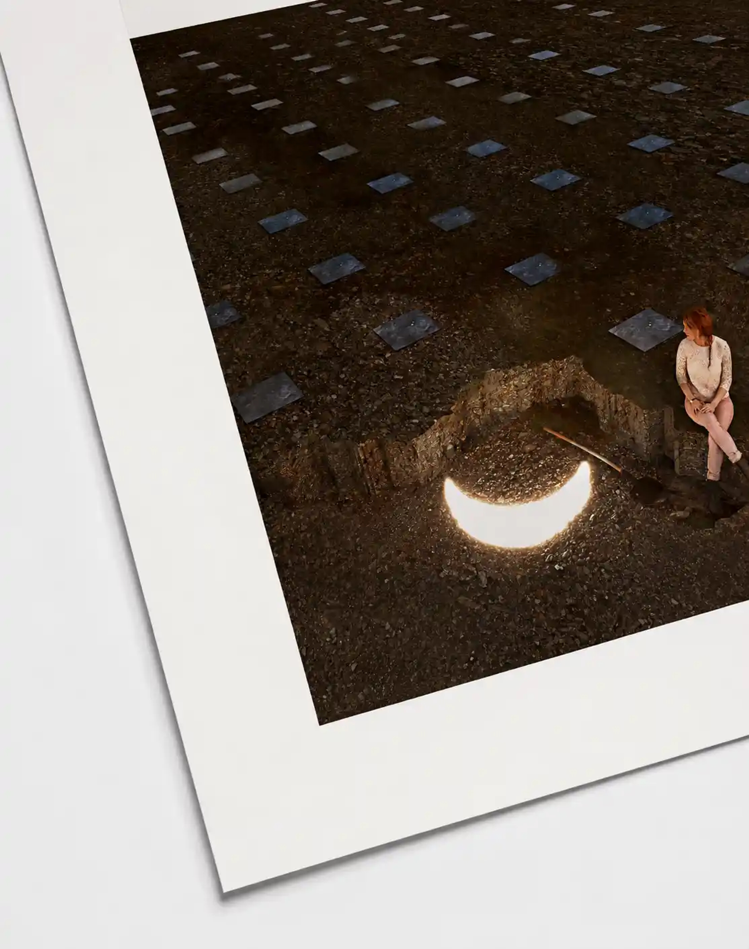 Woman seated at the edge of a grave lit by a crescent of light, scattered stone graves on dark earth