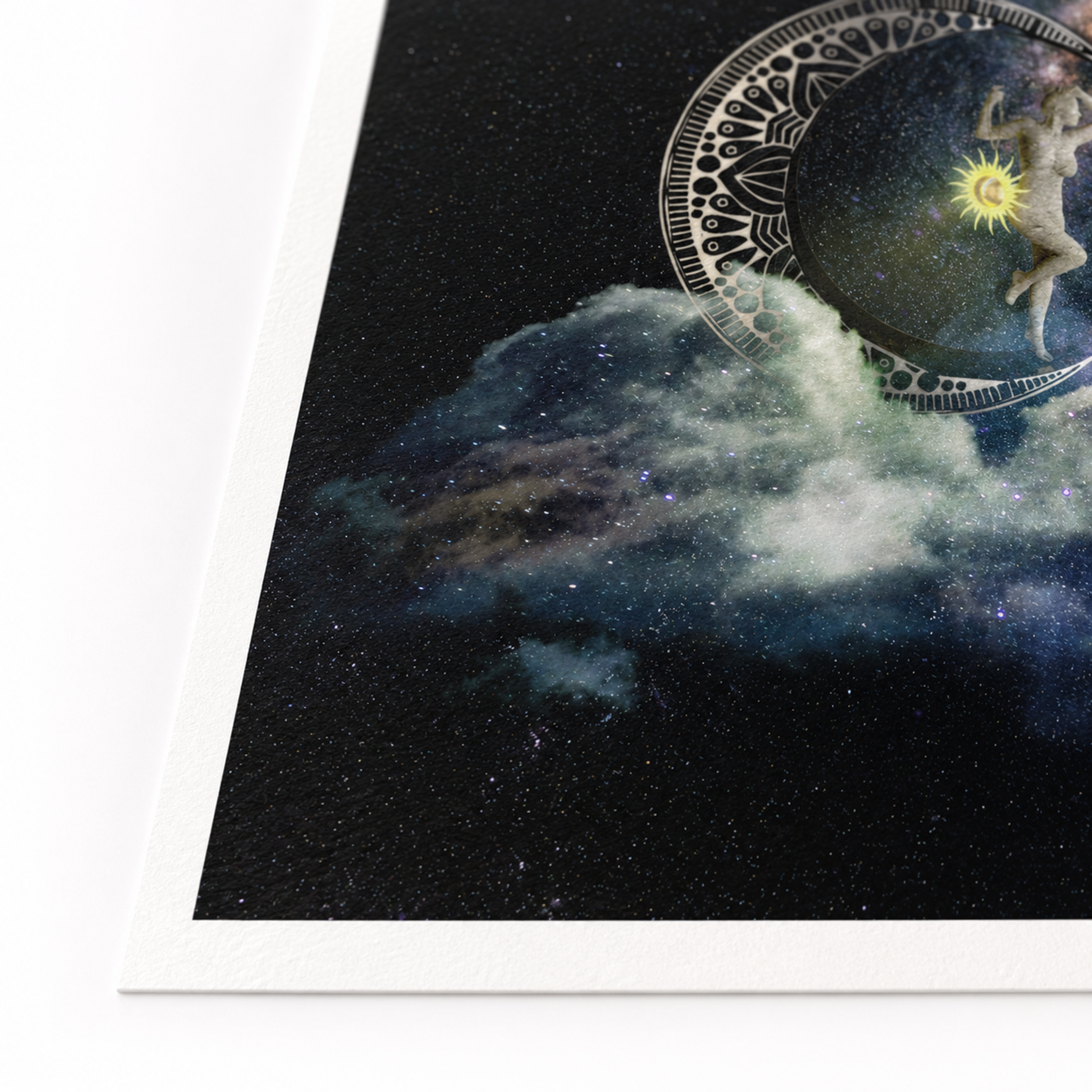 A cosmic digital art piece titled Moon Resident, featuring a woman balancing on a large patterned crescent moon. She holds a small glowing sun against a starry night sky filled with deep blue clouds and space nebulae.