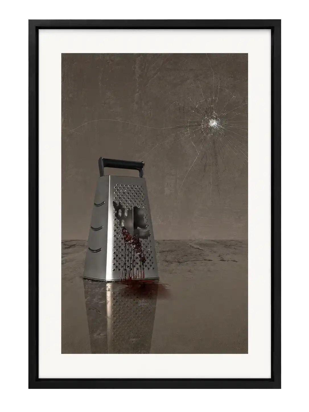 3D digital art of a metal grater with a bleeding Iran-shaped cutout and a bullet impact on a gray wall.