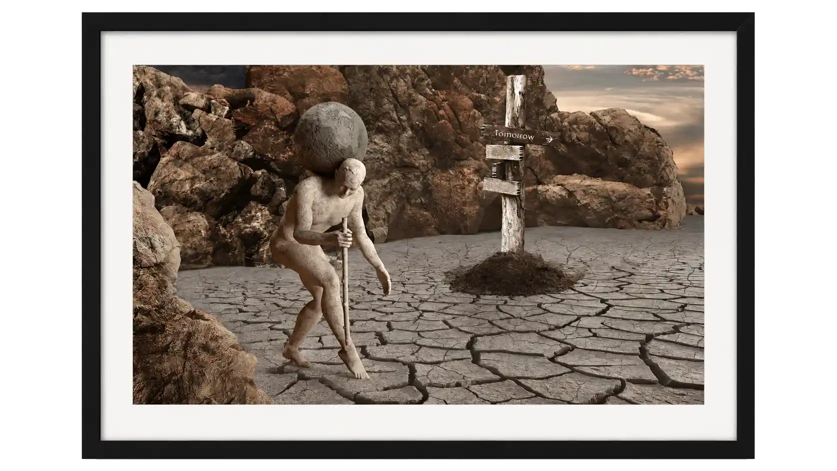 Digital sculpture scene of a nude figure carrying a large stone beside a sign reading Tomorrow on cracked ground.