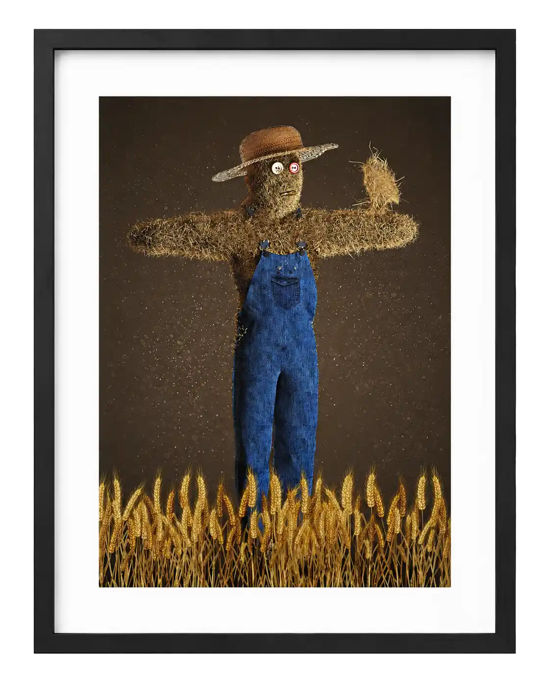 Straw scarecrow in blue overalls and a hat stands in a wheat field, a straw bird on its arm, digital mixed media