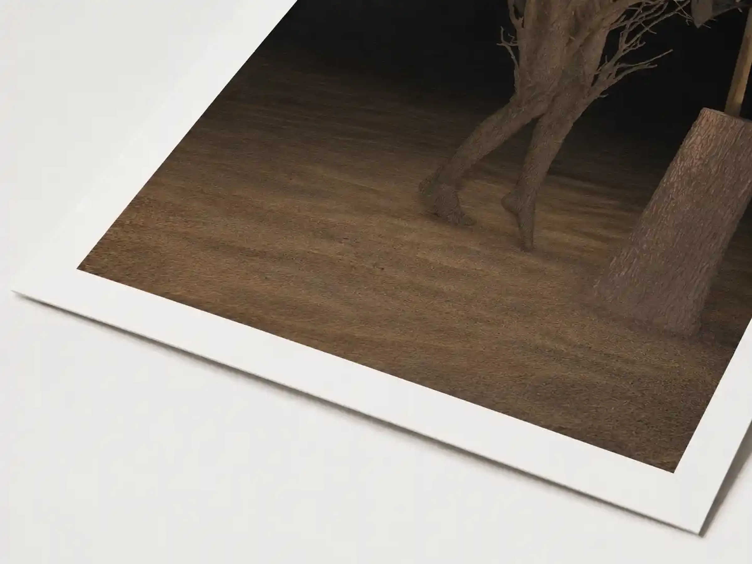 Wooden figure carved from bark holds an axe in a tree stump, bare branches behind, dark background, 3D digital sculpture