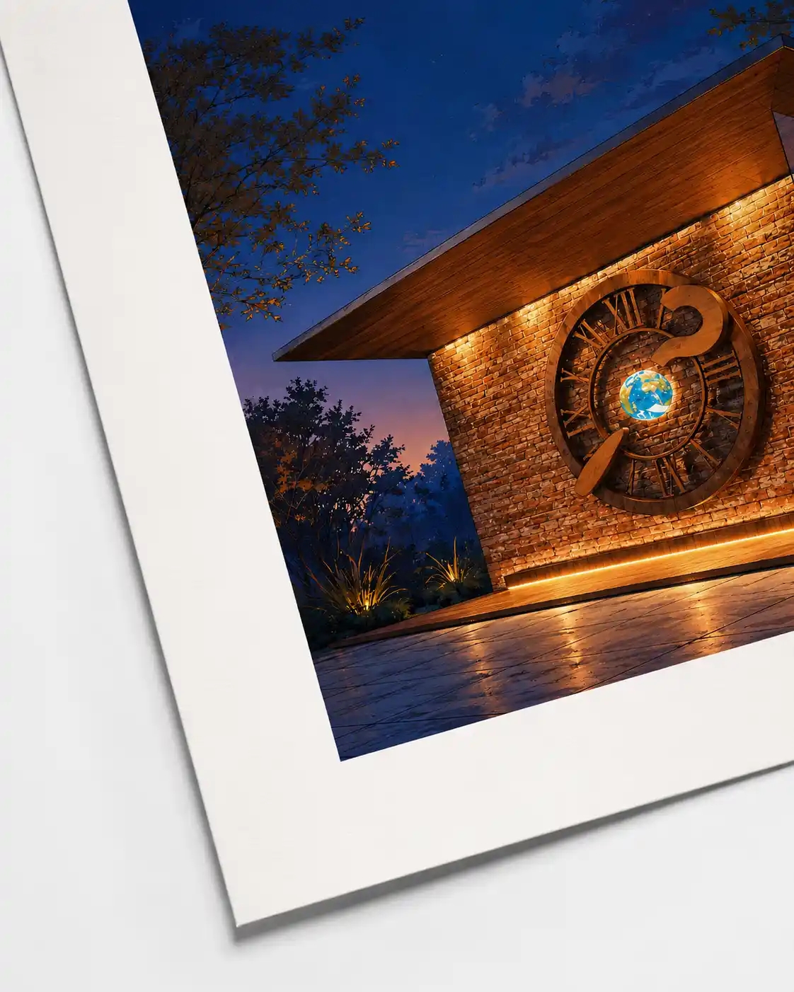 Wooden Roman-numeral clock on a brick wall at dusk, its hand curling into a question mark around a glowing earth, 3D digital art by Mehdi Rooz