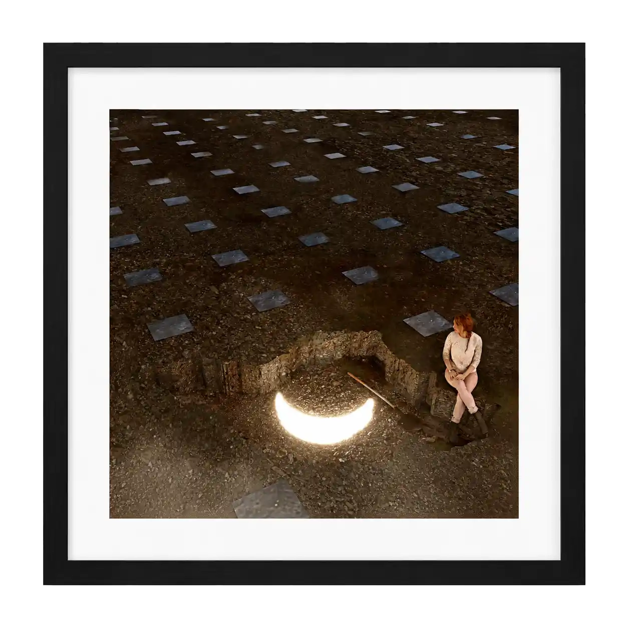 Woman seated at the edge of a grave lit by a crescent of light, scattered stone graves on dark earth