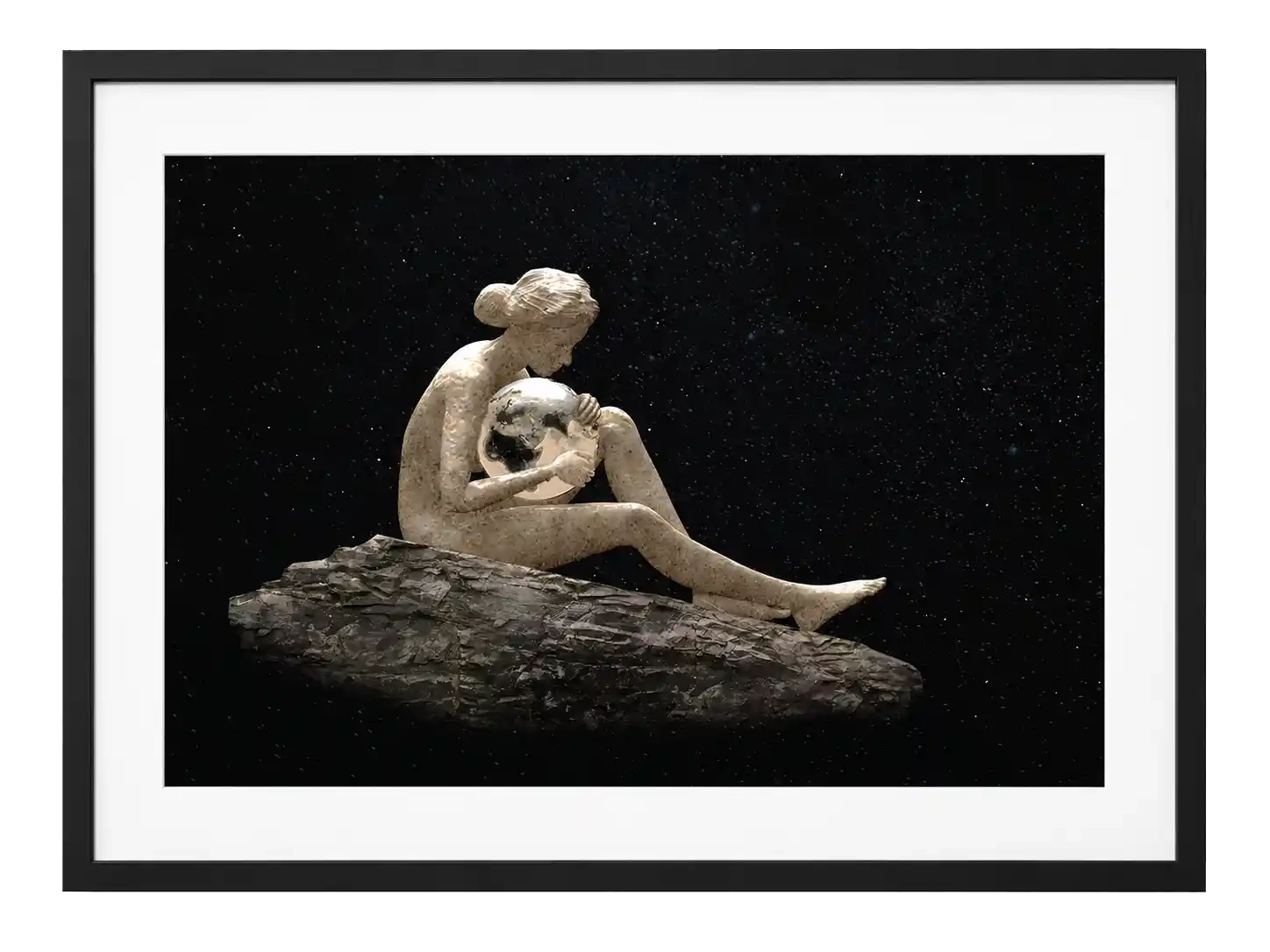 3D digital art of a seated mother holding Earth against a dark starry background.