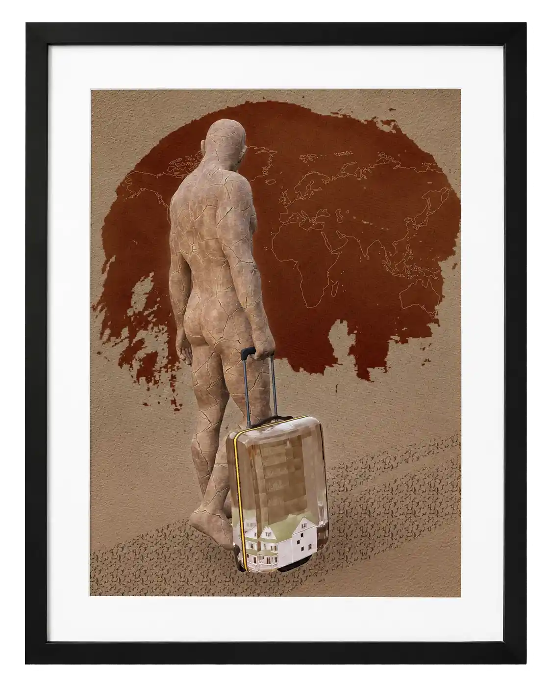 Digital artwork of a cracked human figure pulling a suitcase with a small house inside, set before a world map.