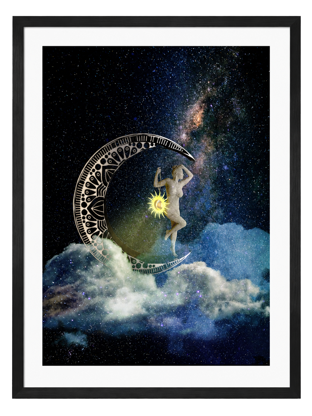 A cosmic digital art piece titled Moon Resident, featuring a woman balancing on a large patterned crescent moon. She holds a small glowing sun against a starry night sky filled with deep blue clouds and space nebulae.