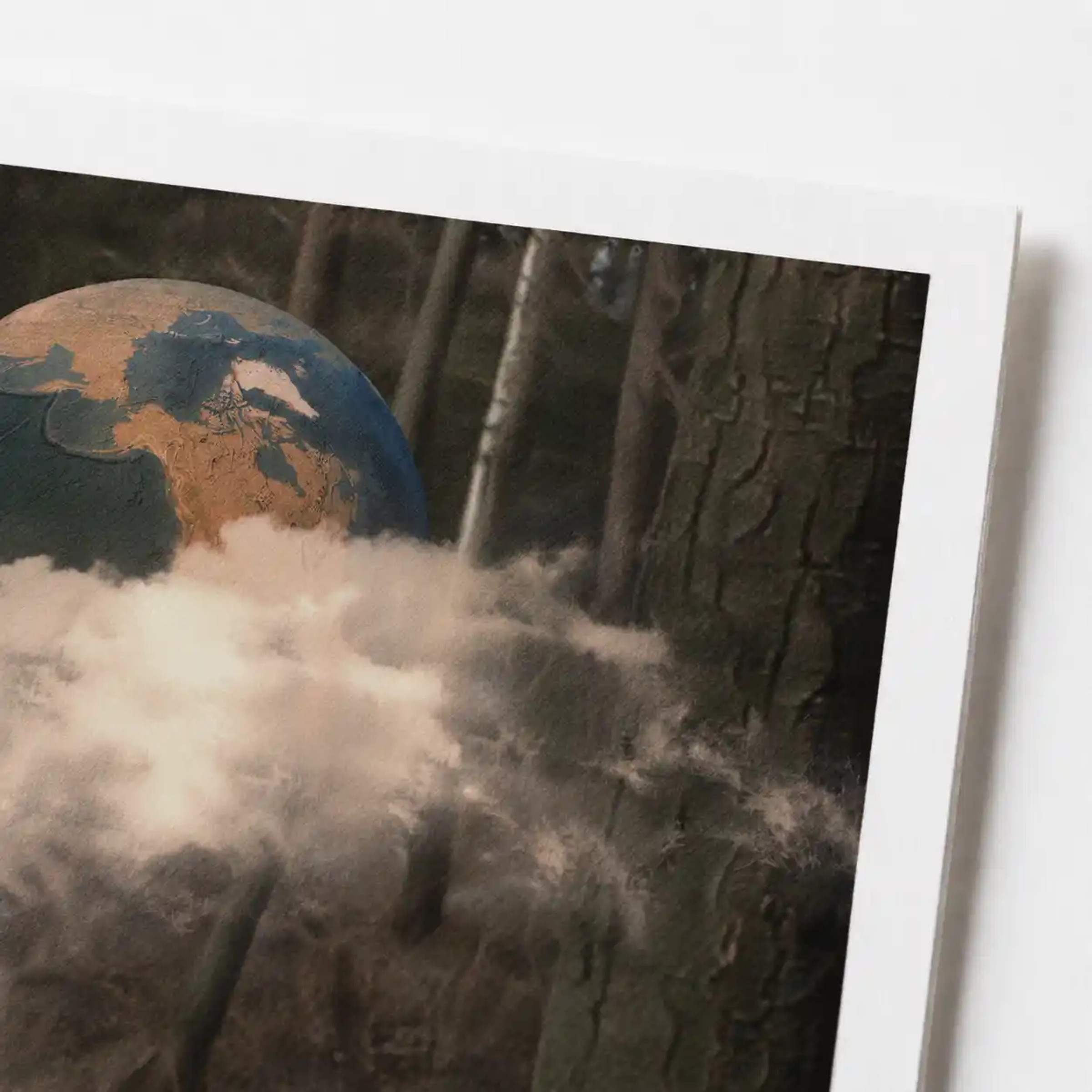 Digital mixed media scene of a figure pulling a rope toward a framed figure across water, with fog and a globe between them.