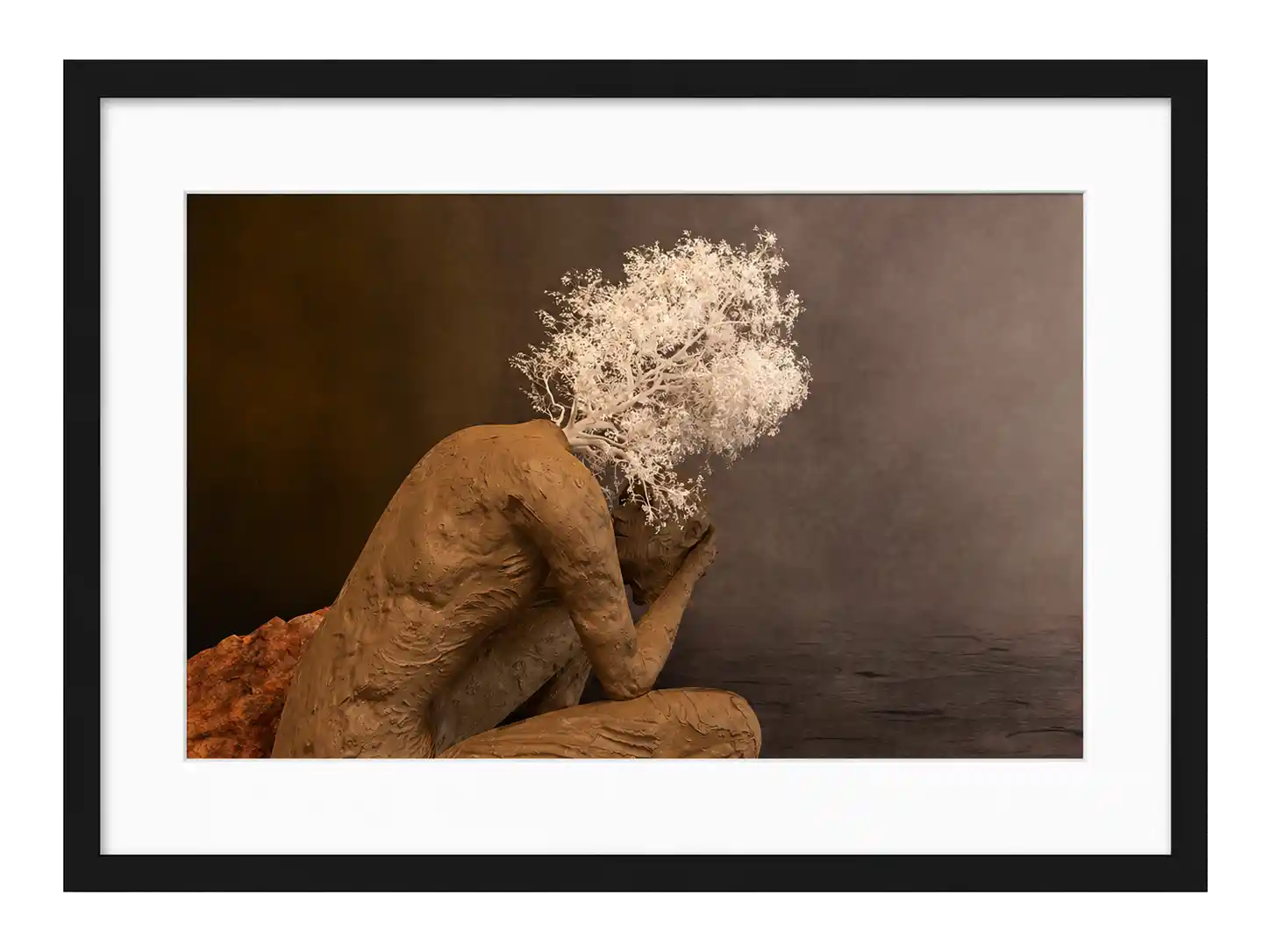 Rear view of a crouched figure with hands over the face and white tree branches growing from the head area.