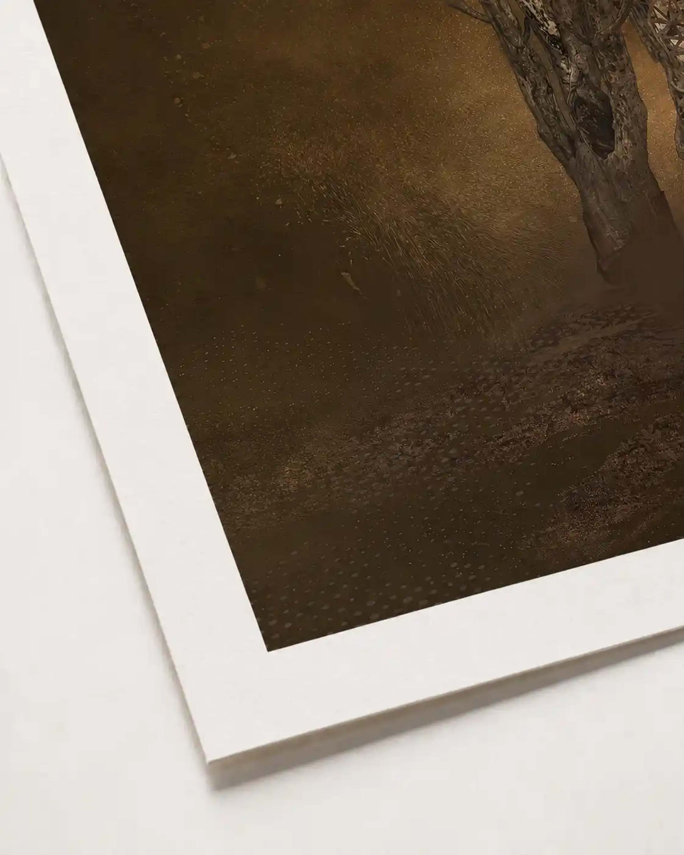 3D digital artwork of a lattice human figure with a bandaged mouth before leafless trees in a brown misty space.