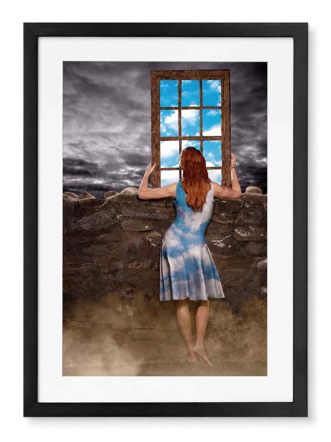Barefoot woman in a cloud-print dress holds a wooden window of blue sky against a stormy grey sky, digital art by Mehdi Rooz