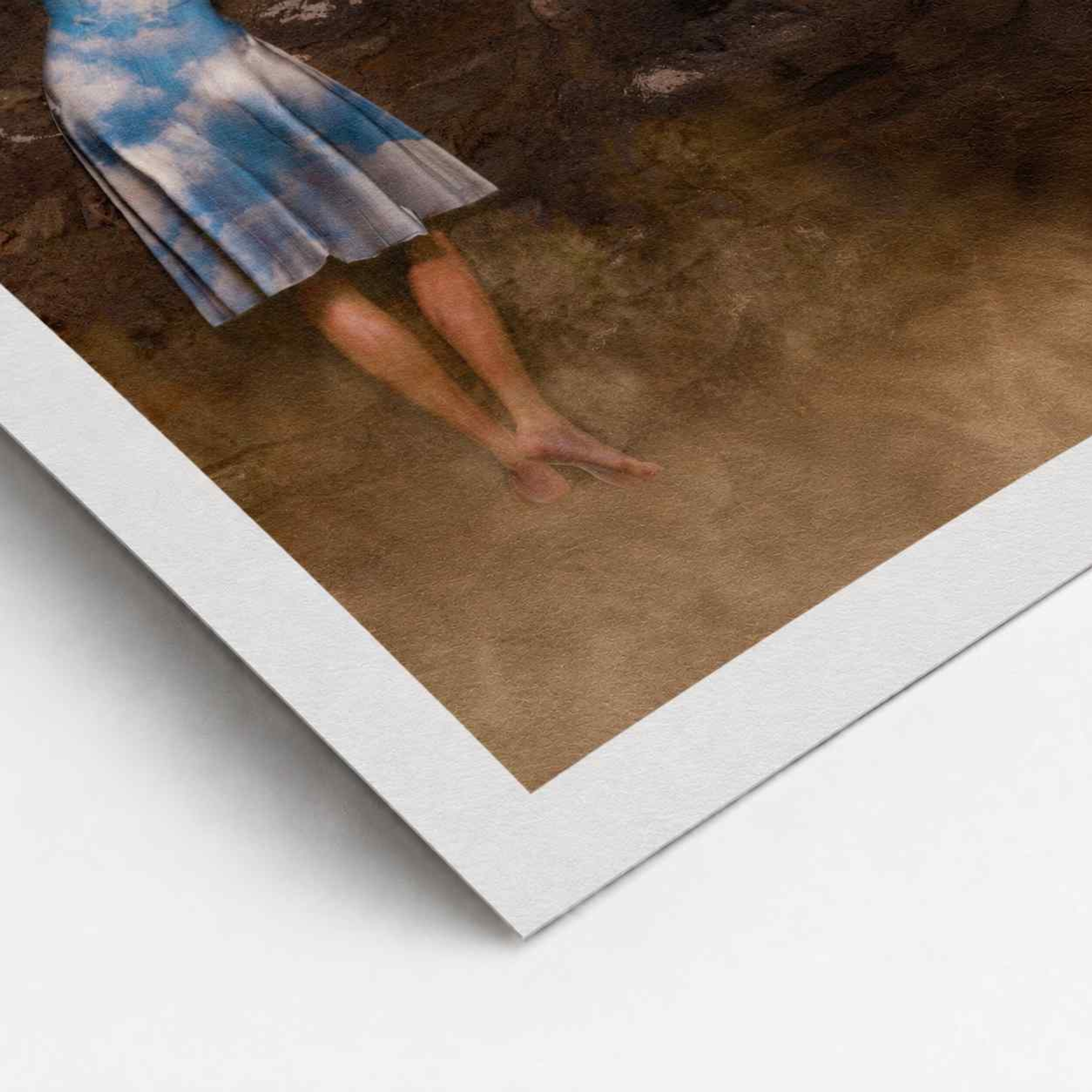 Barefoot woman in a cloud-print dress holds a wooden window of blue sky against a stormy grey sky, digital art by Mehdi Rooz