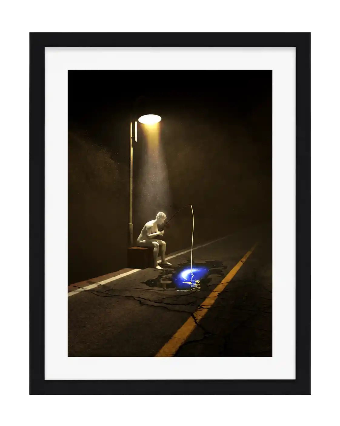 Pale sculptural man fishing a glowing blue moon from a puddle under a street lamp at night