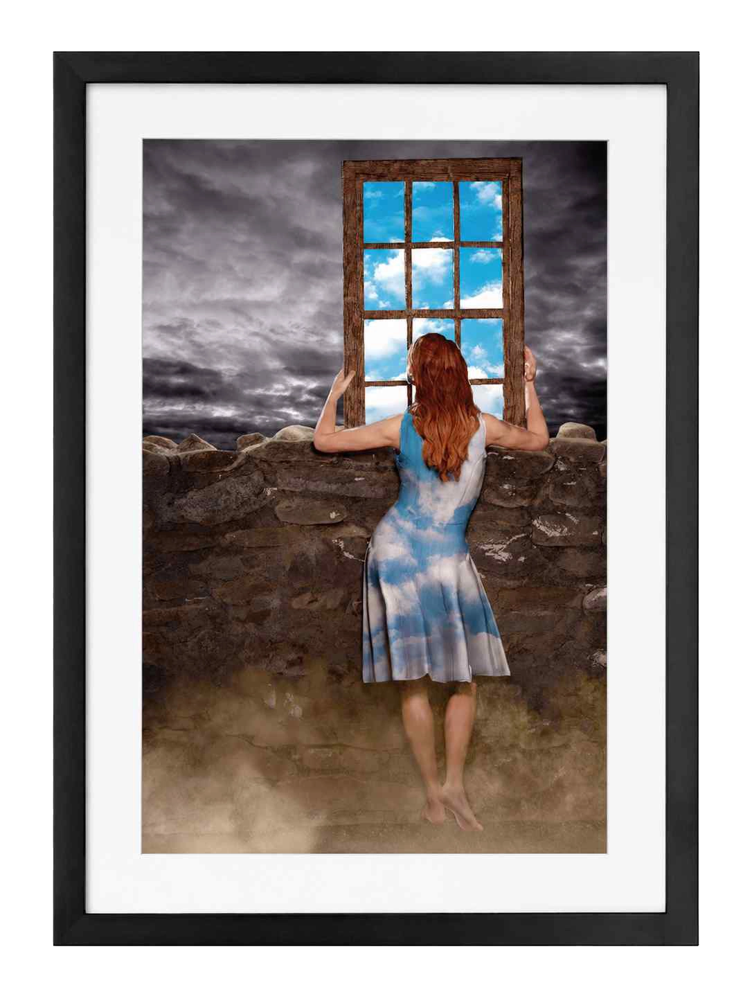 Barefoot woman in a cloud-print dress holds a wooden window of blue sky against a stormy grey sky, digital art by Mehdi Rooz