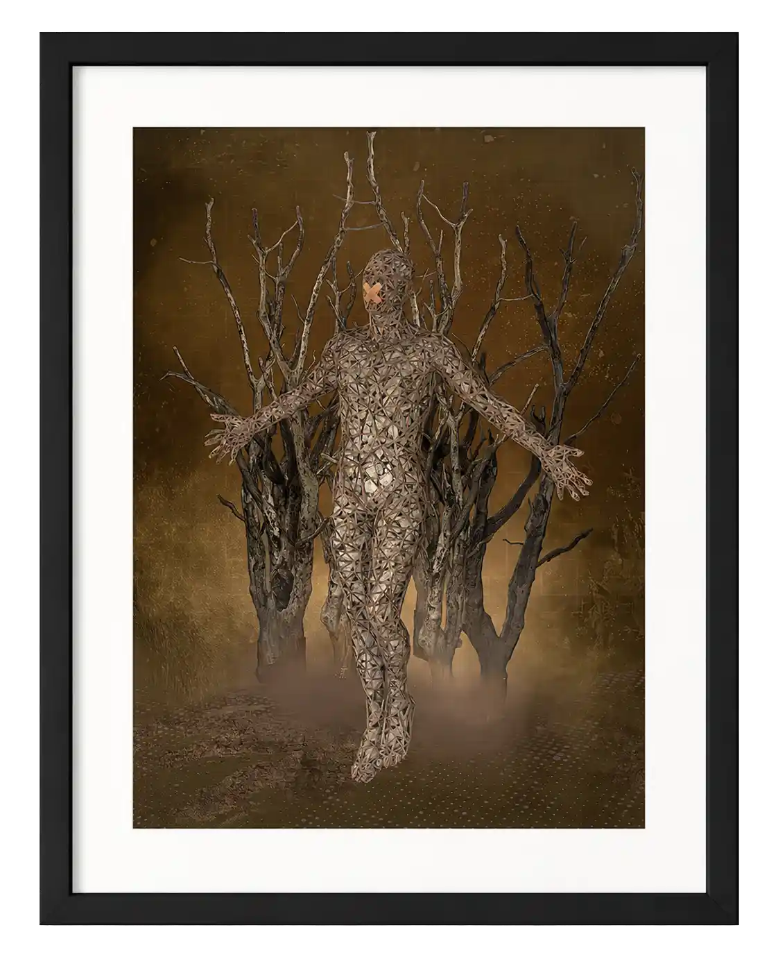 3D digital artwork of a lattice human figure with a bandaged mouth before leafless trees in a brown misty space.