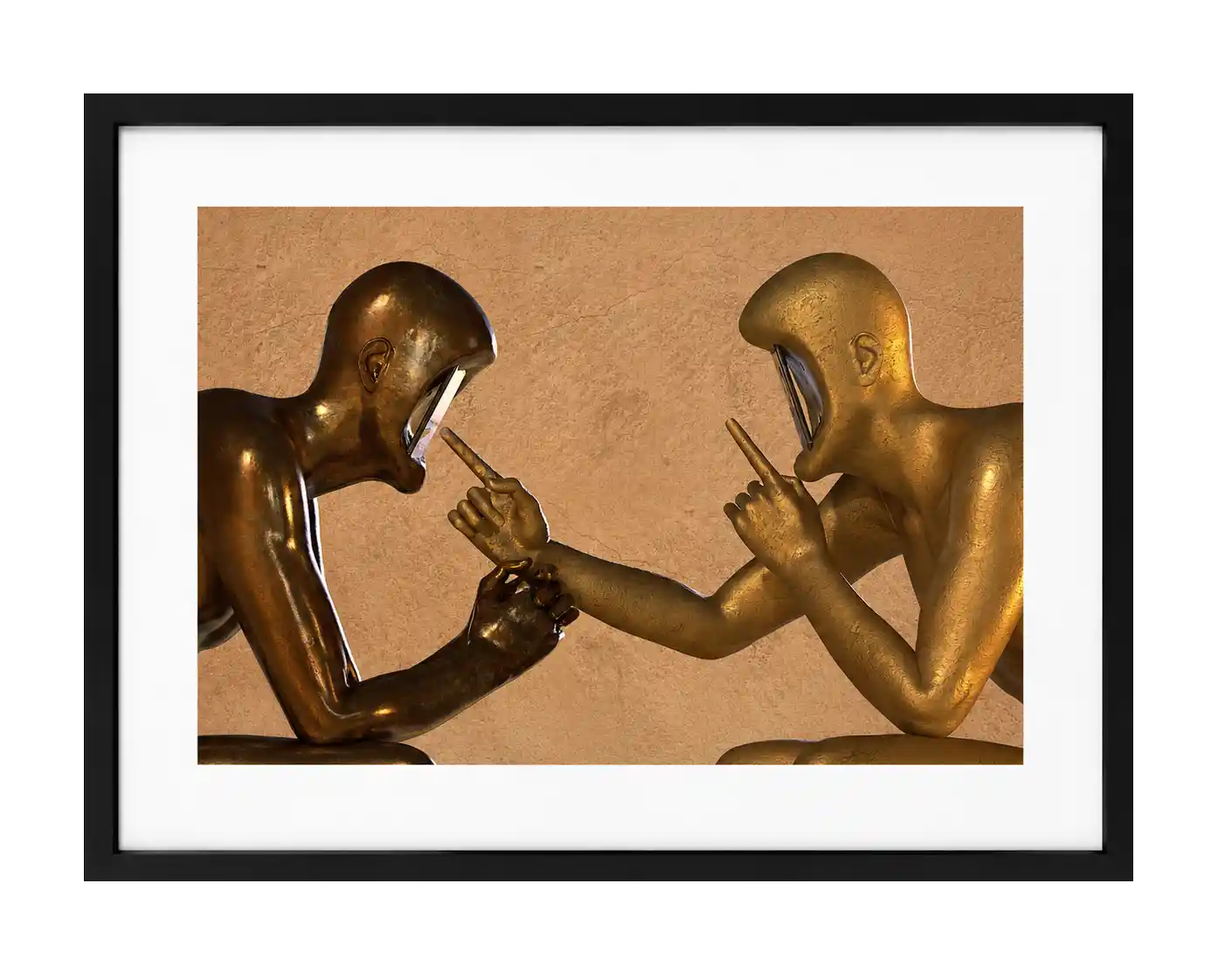 Two figures with phone screens for faces reach index fingers toward each other across a gap, 3D digital art by Mehdi Rooz