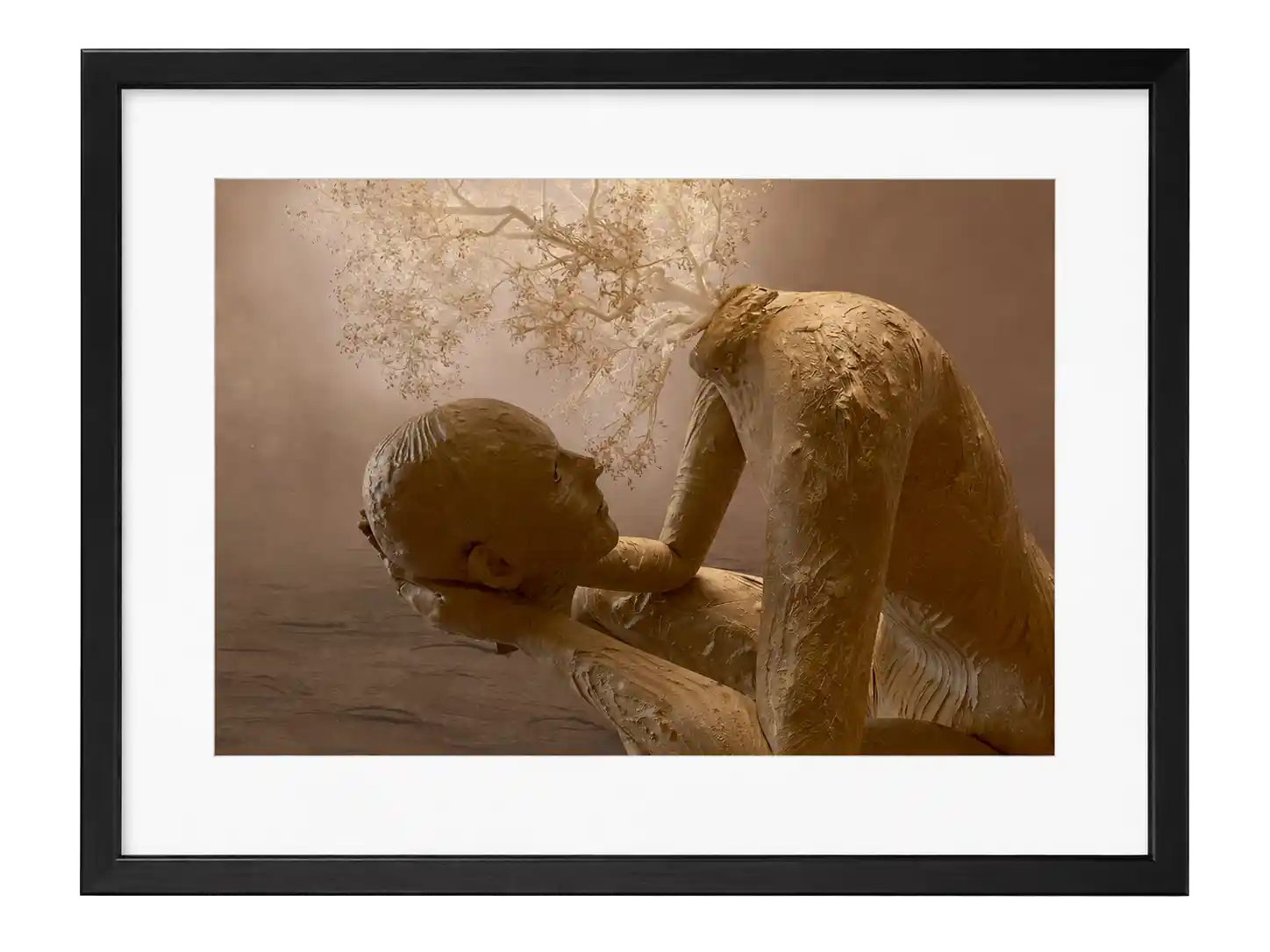 Close view of a seated clay-like figure holding its own head while pale branches spread above the neck.