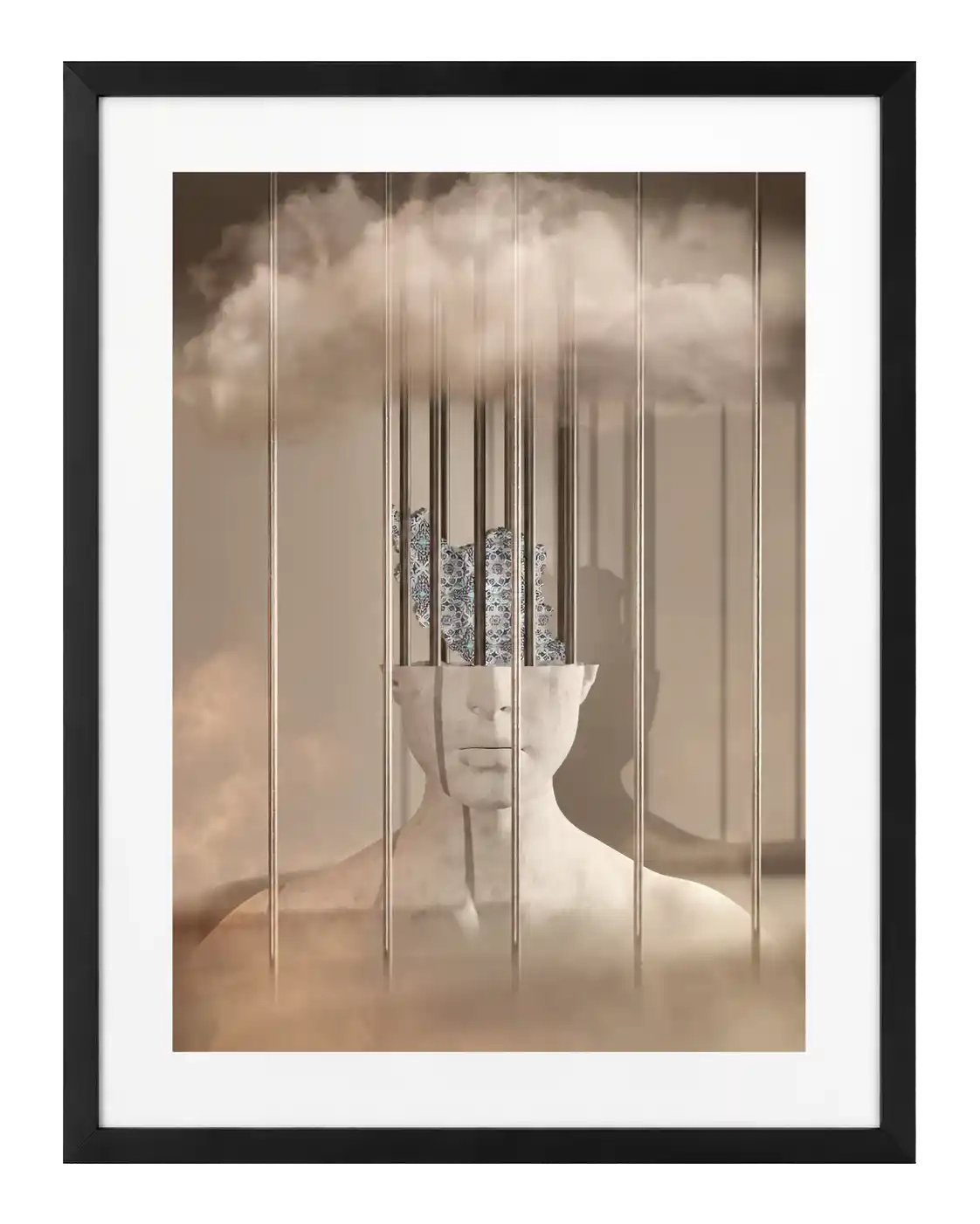 A digital mixed media artwork featuring a white sculpture of a human bust behind thin metal bars. The top of the head is open, revealing a patterned map of Iran inside, surrounded by soft clouds and mist.