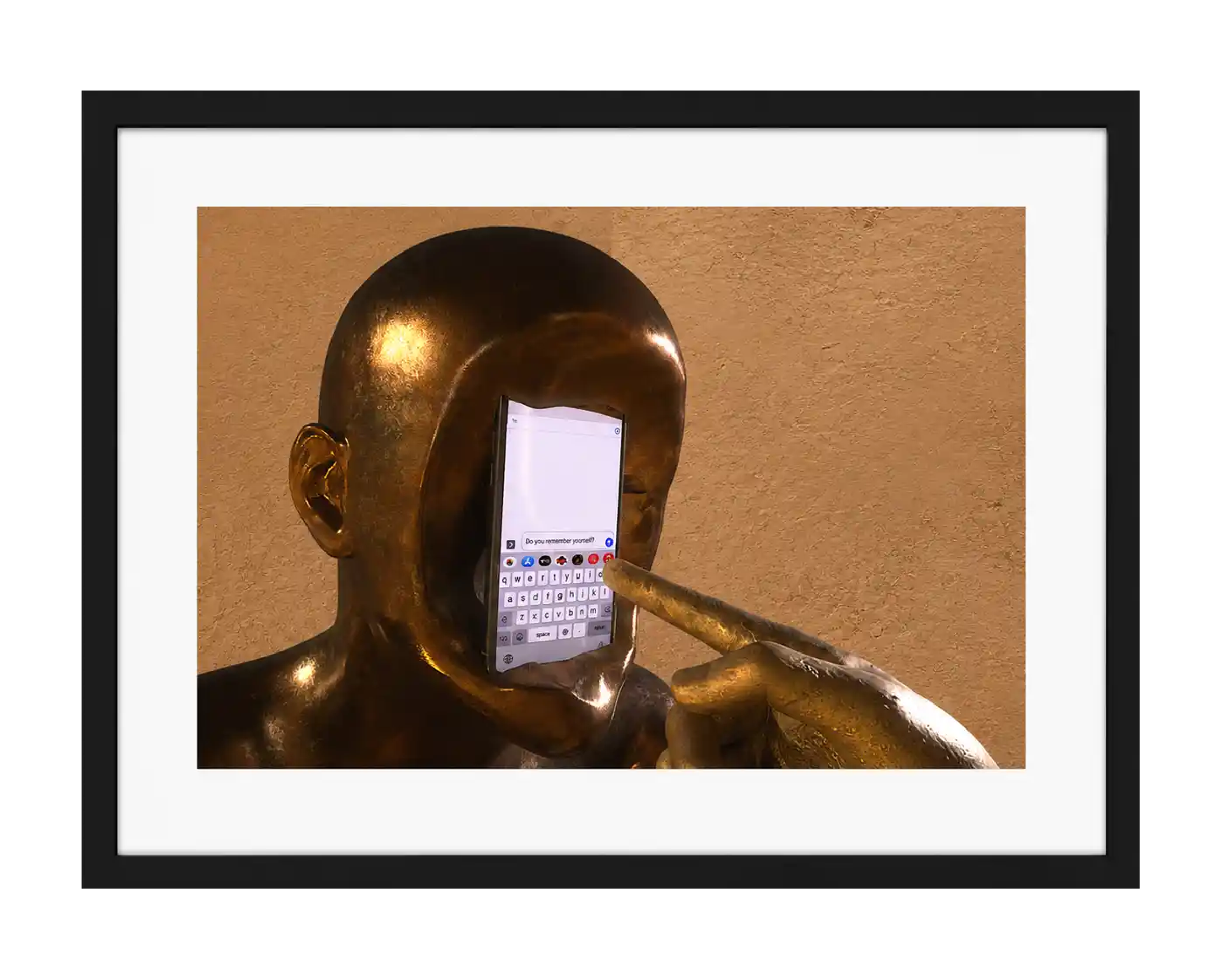 Close-up of a figure with a phone for a face showing the typed text do you remember yourself, digital art by Mehdi Rooz
