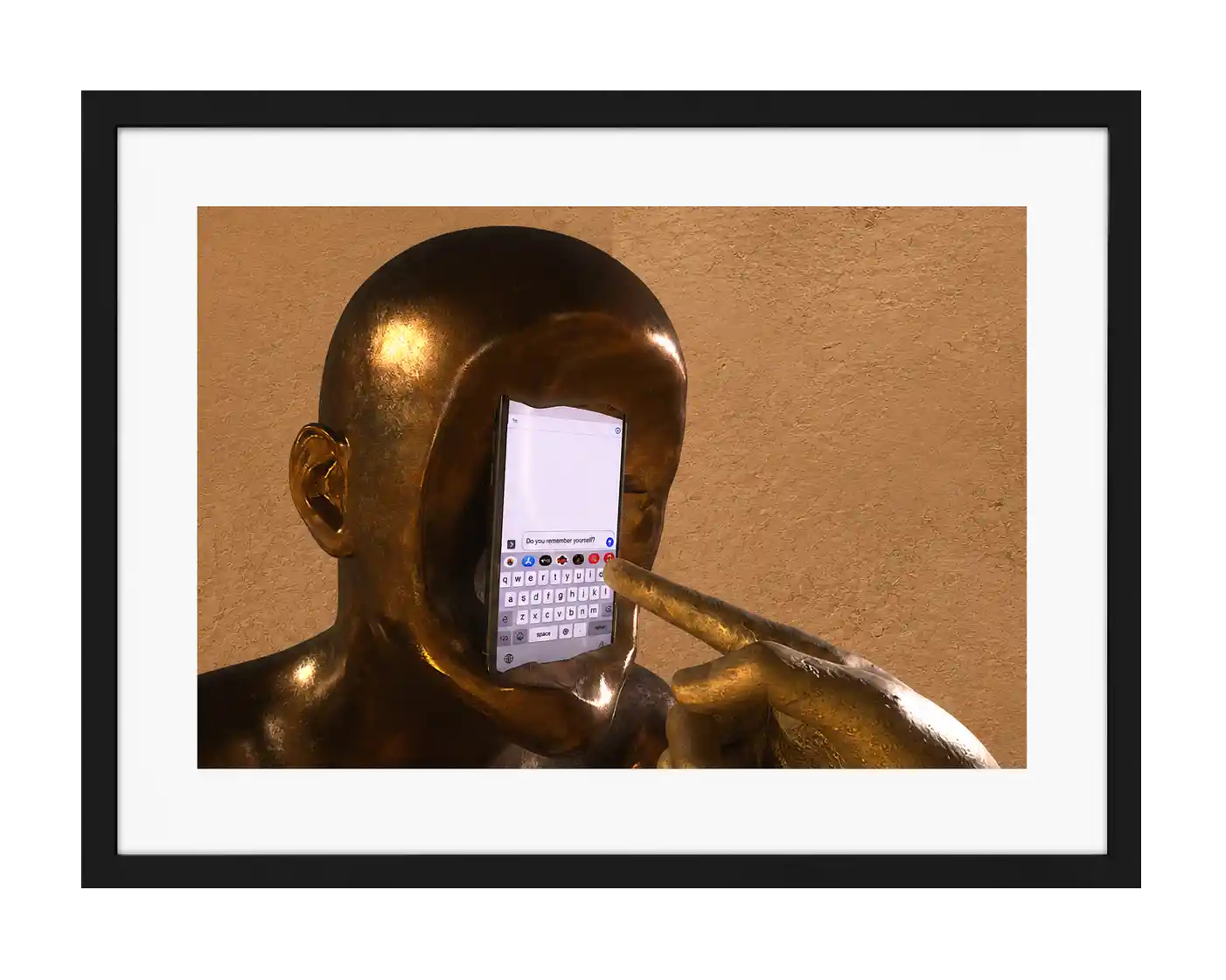 Close-up of a figure with a phone for a face showing the typed text do you remember yourself, digital art by Mehdi Rooz