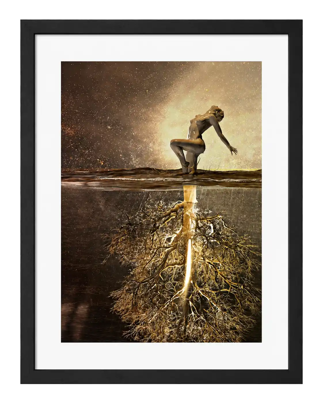 Nude figure crouched at a waterline above a vast glowing root system spreading underwater, golden cosmic sky, digital art