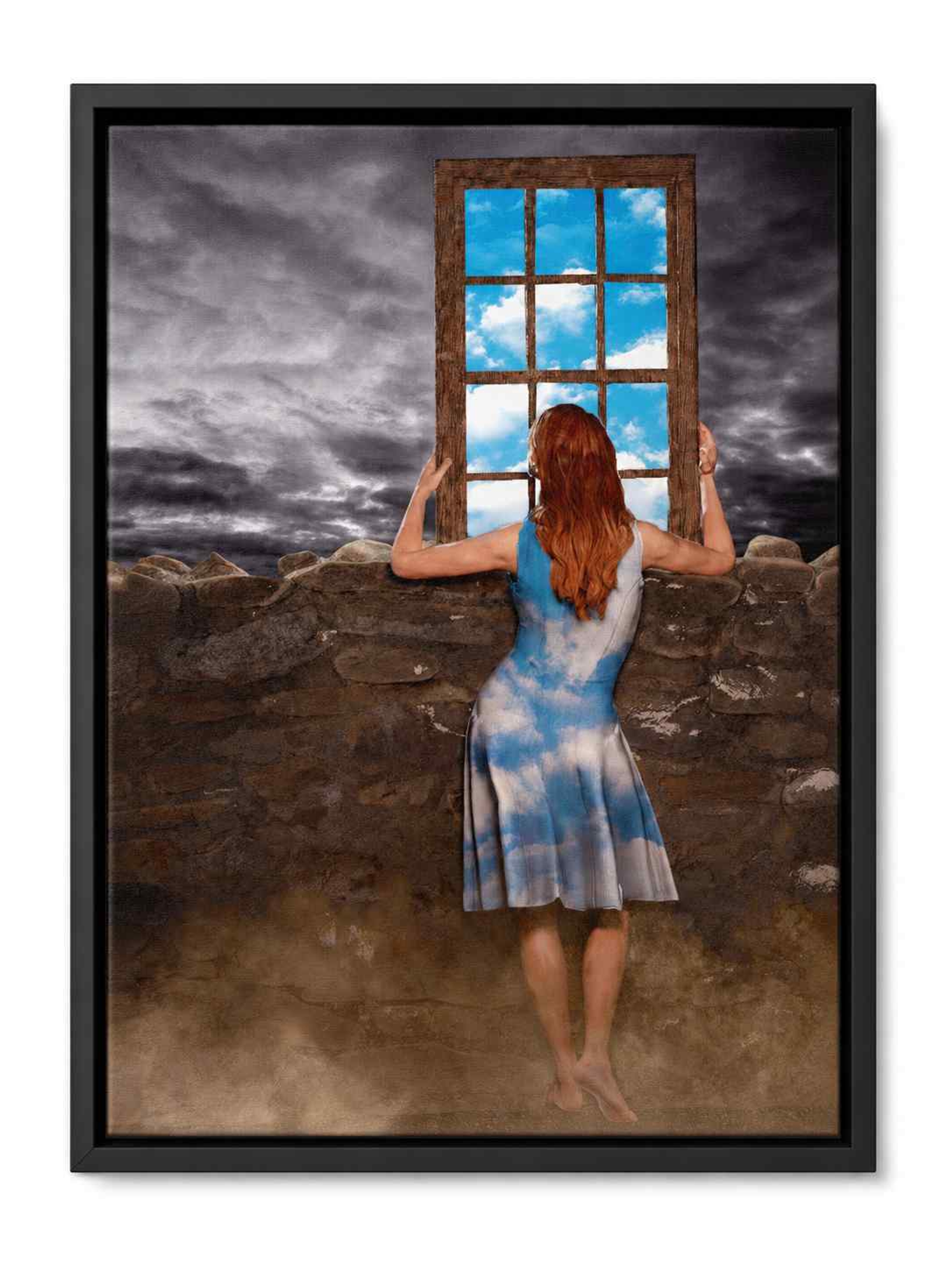 Barefoot woman in a cloud-print dress holds a wooden window of blue sky against a stormy grey sky, digital art by Mehdi Rooz