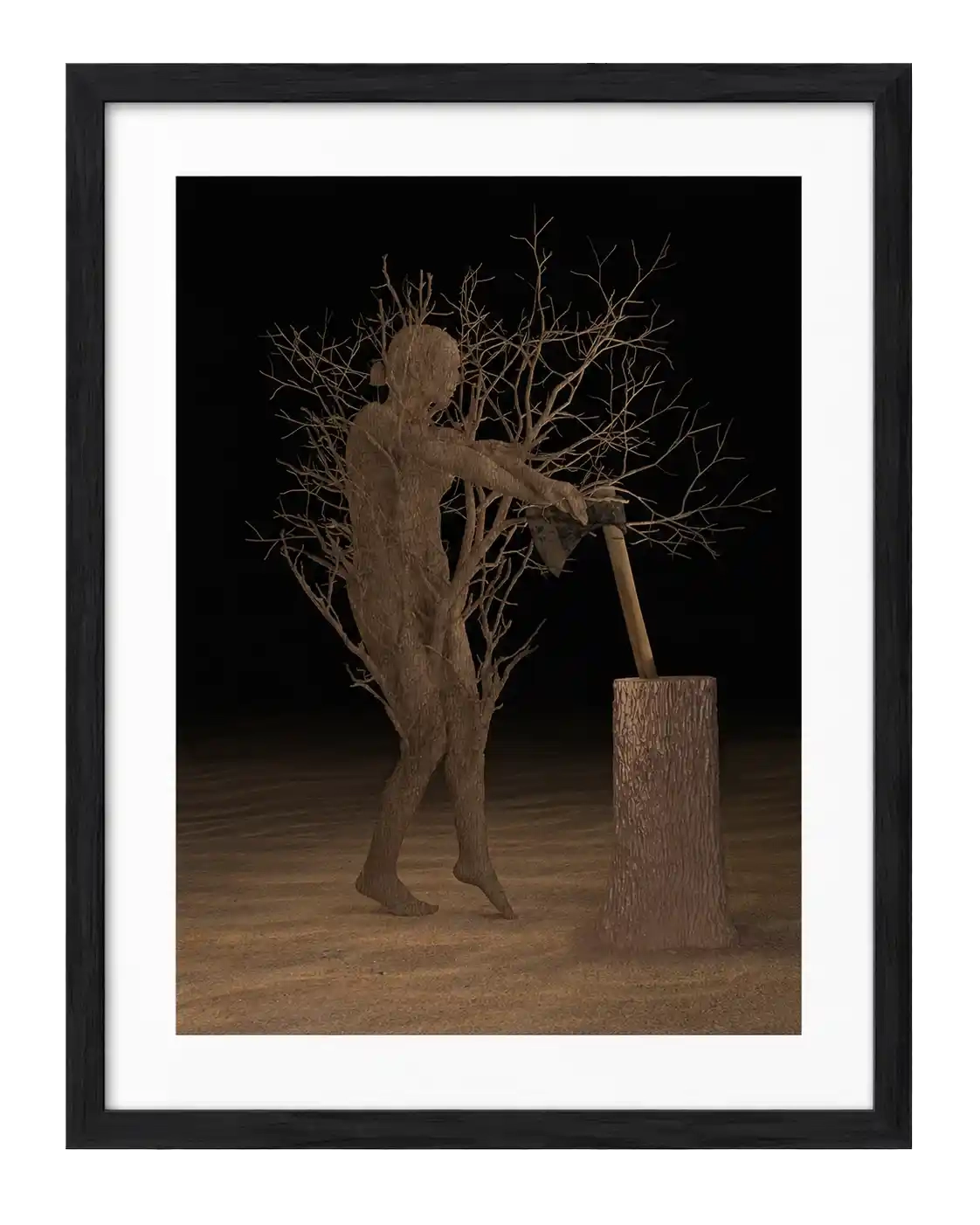 Wooden figure carved from bark holds an axe in a tree stump, bare branches behind, dark background, 3D digital sculpture