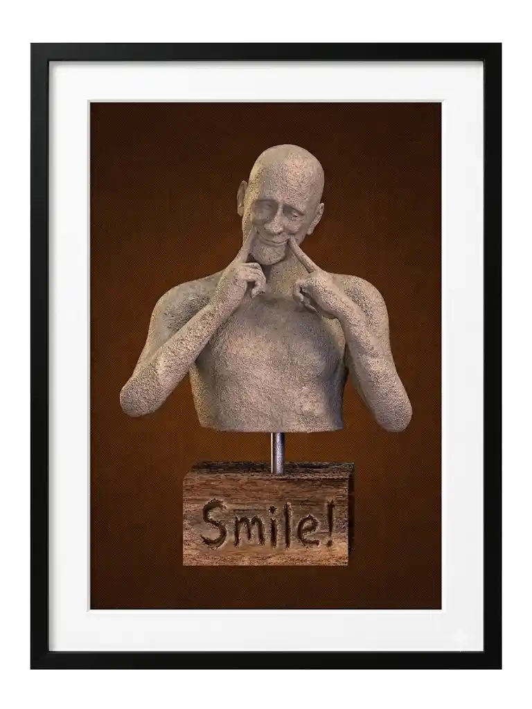 Digital sculpture of a bust figure using both index fingers to force a smile, mounted above a wooden block reading Smile!