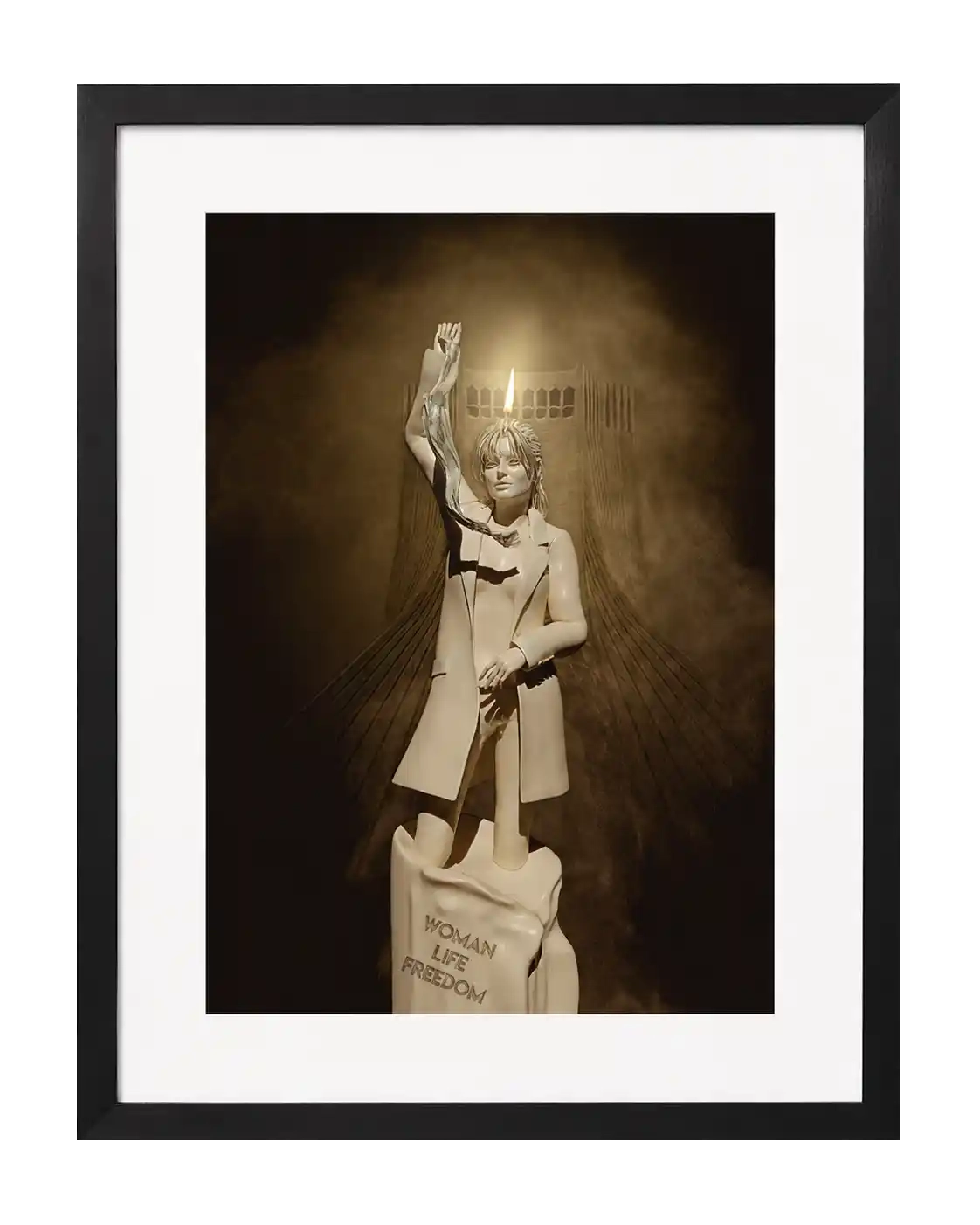 Digital artwork of a woman as a candle with a flame above her head, Woman Life Freedom text, and a tower silhouette behind.