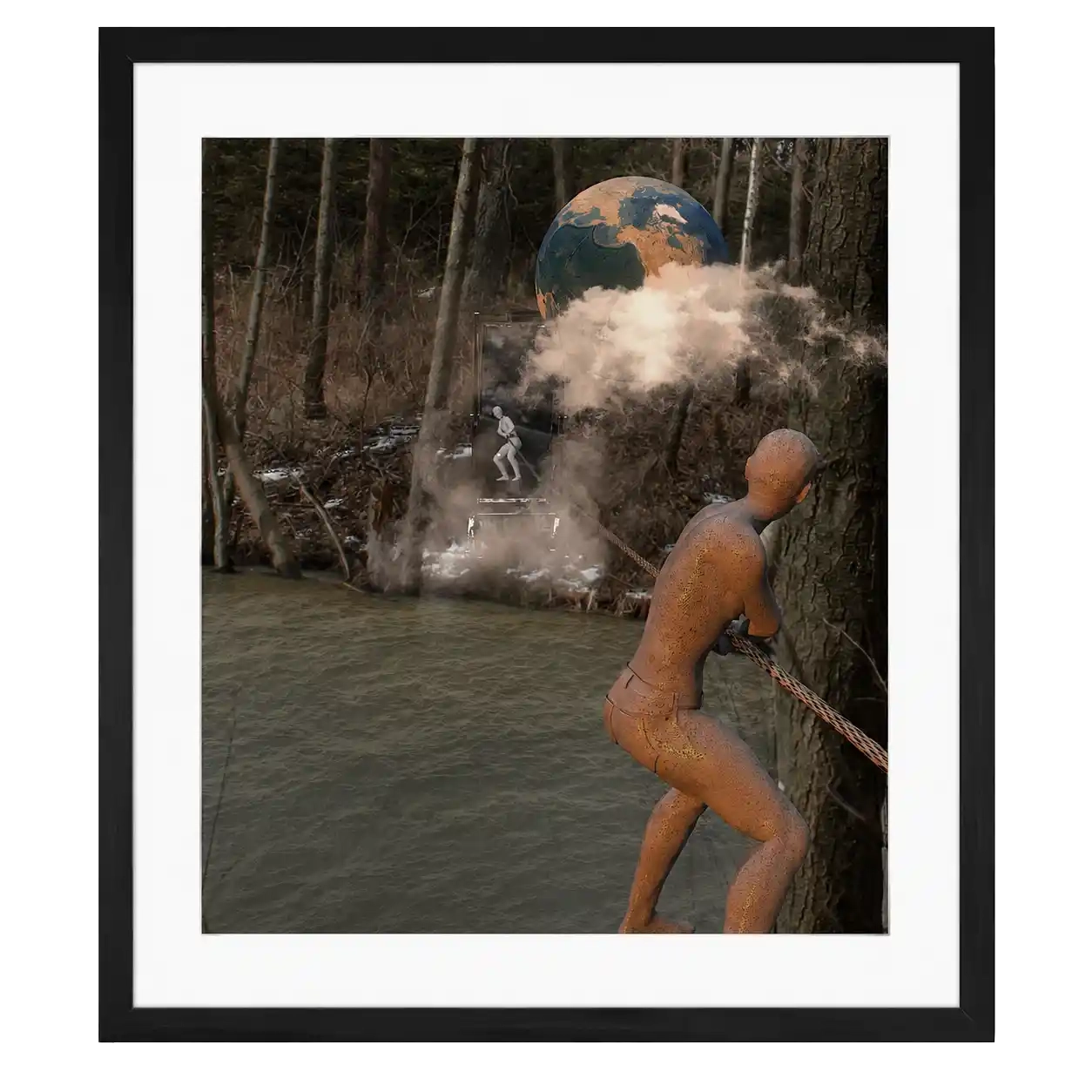 Digital mixed media scene of a figure pulling a rope toward a framed figure across water, with fog and a globe between them.