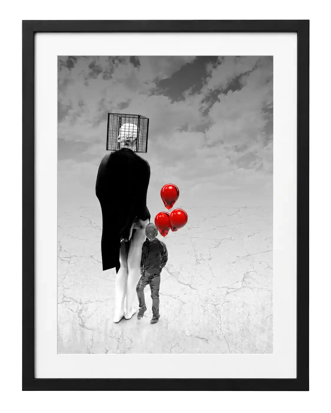 Digital mixed media by Mehdi Rooz showing a caged-headed mother beside a boy with three red balloons on cracked ground.